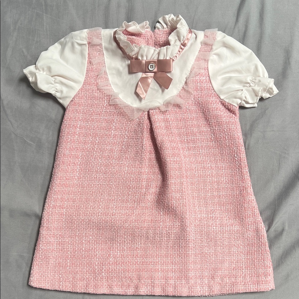 Pink Tweed A-Line Dress with White Ruffled Collar